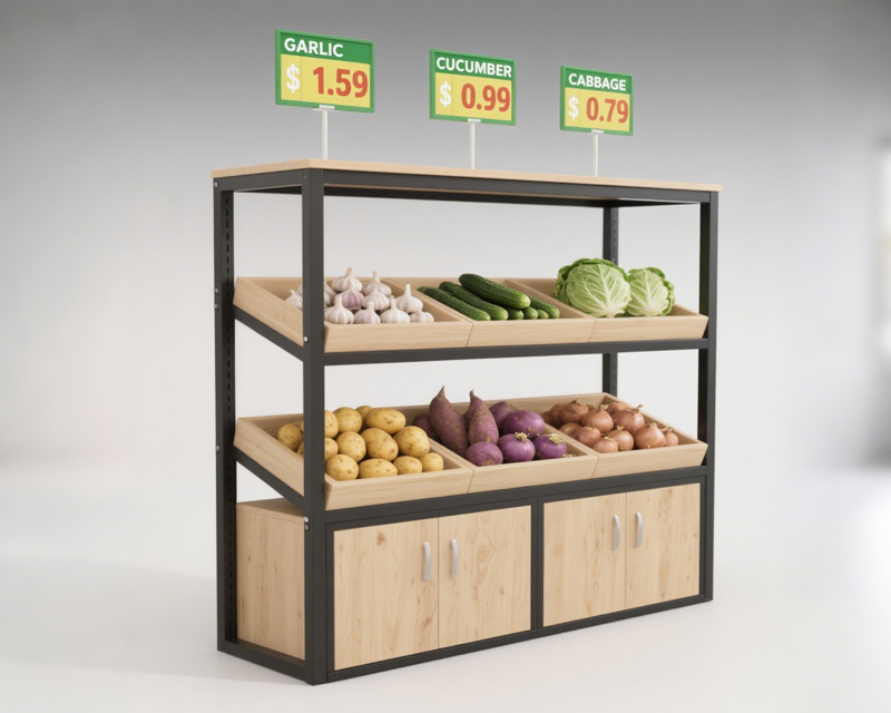 [02-10-204-00019] Vegetable Grocery Display Stand with Shelves & Cabinet